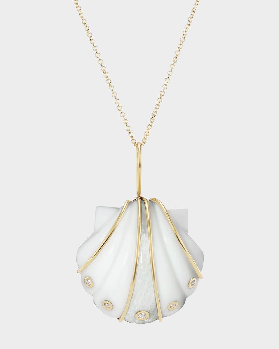 Mini Carved White Agate and Moonstone Shell Pendant Necklace